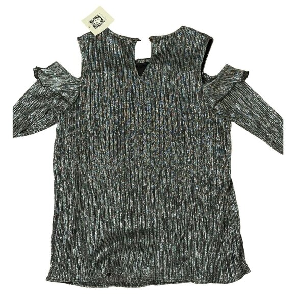 NEW Anne Klein Size S Metallic Black & Silver Cold-Shoulder Top Sleeve Ruffle - Picture 6 of 13